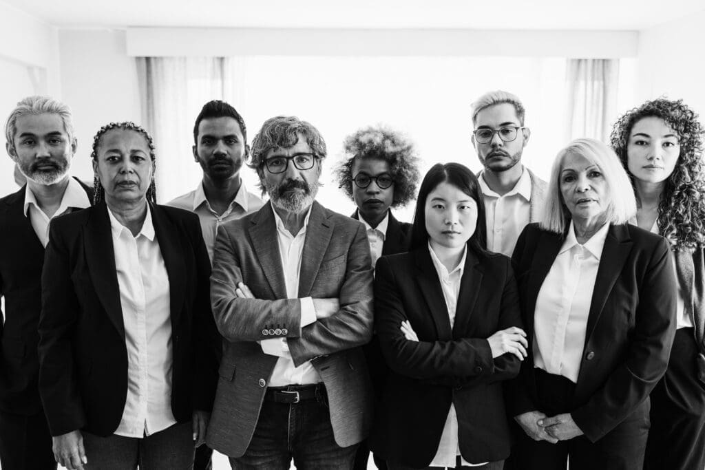 Multiracial work family looking at camera inside bank office Focus on senior woman face Black and white edition